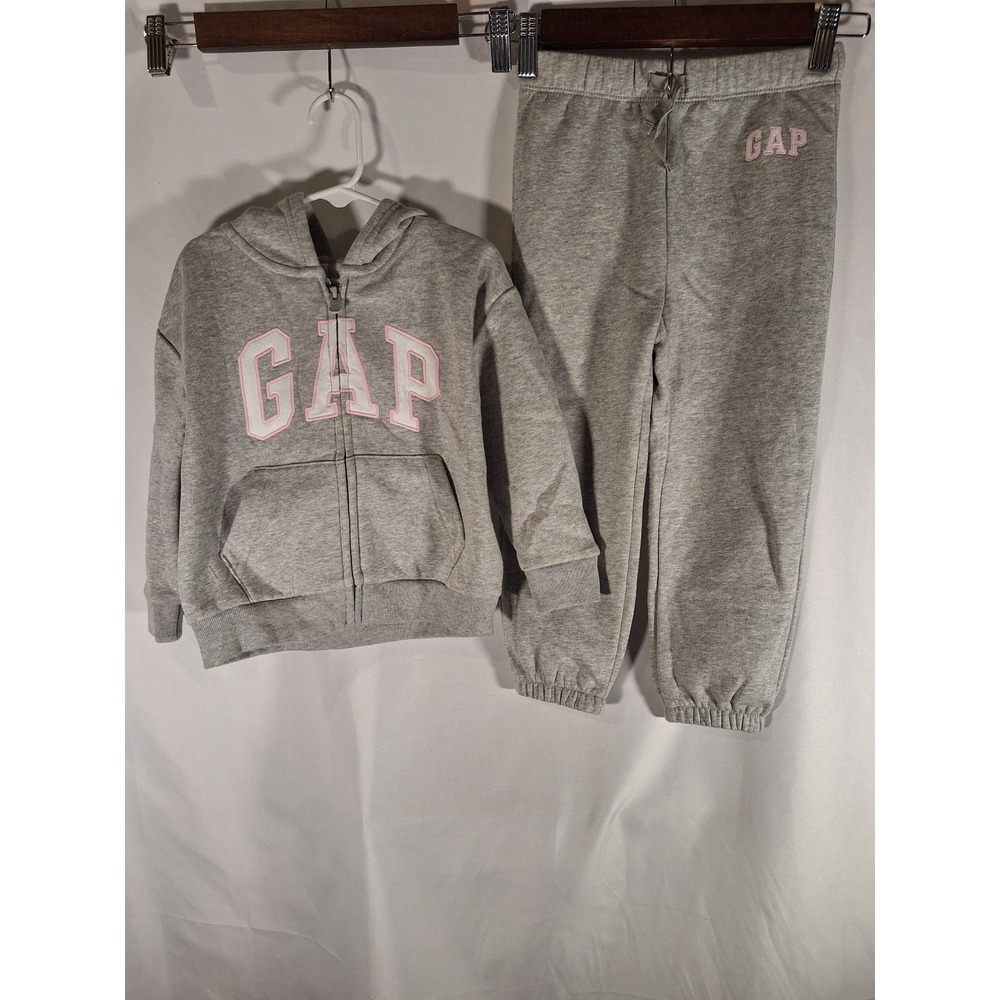 Baby Gap Girls Gray Pink Logo Zip Hoodie and Jogger Sweatpants Set 4T 4 Years